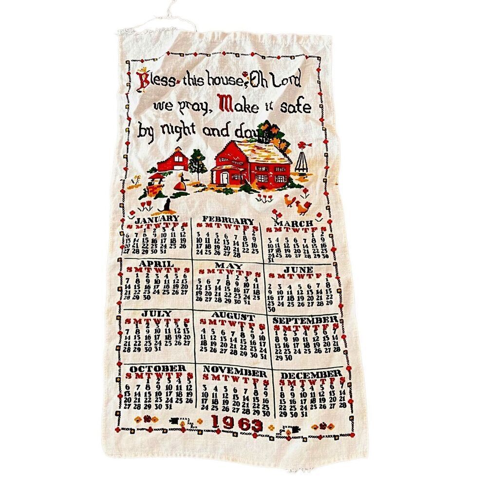 Vintage 1963 Linen Kitchen Towel/Calendar Farm Country Cottage Scene & Prayer